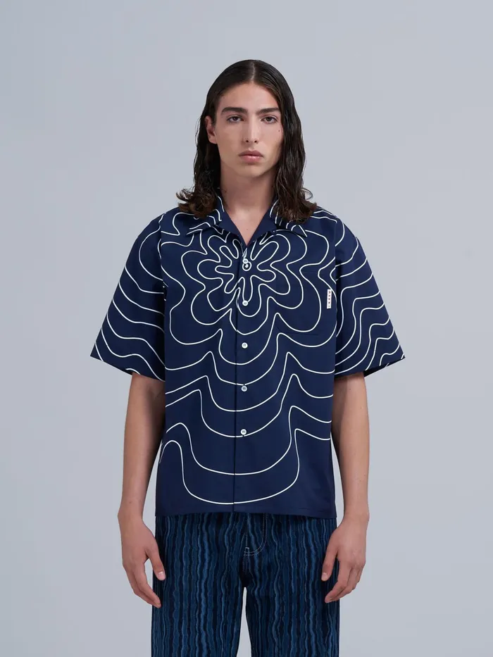Marni Blueblack Vibrating Flower Poplin Bowling Shirt Blublack Mens Shirts