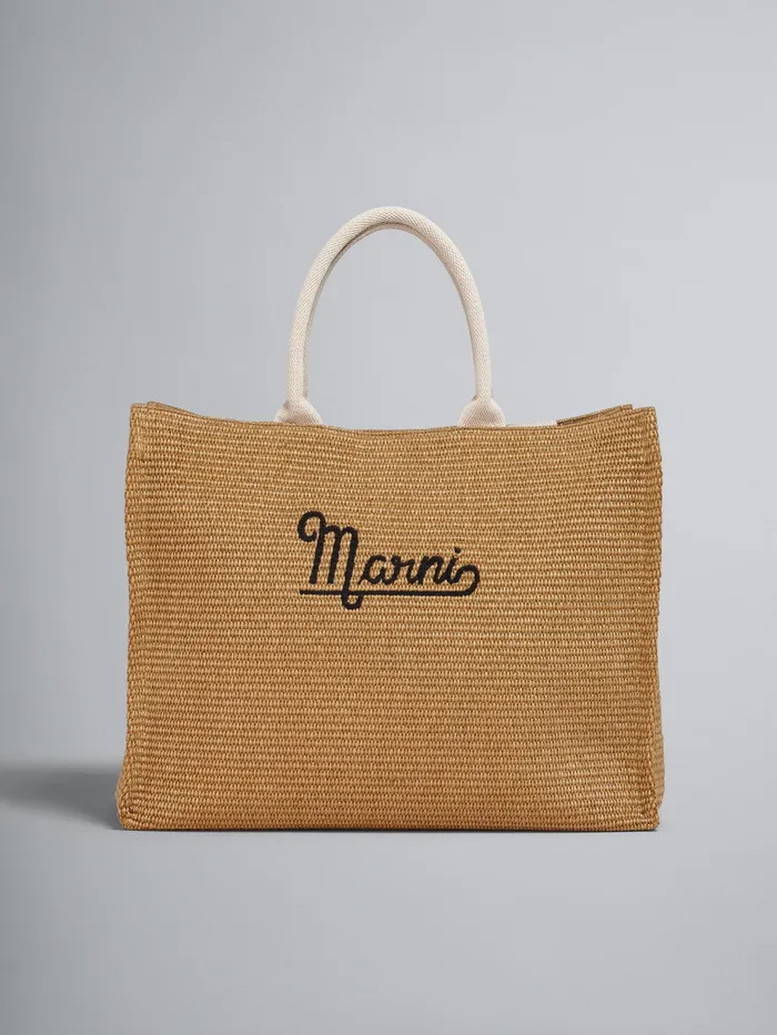 Marni Embroidered Logo Raffia Summer Shopping Bag Raw Sienna Mens Shoulder Bags Marni Embroidered Logo Raffia Summer Shopping Bag Raw Sienna Mens Shoulder Bags