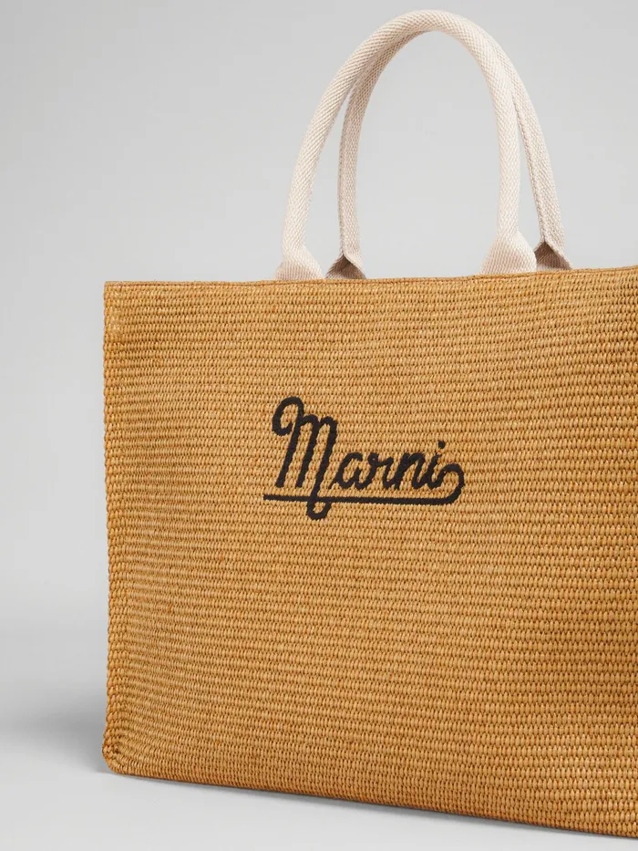 Marni Embroidered Logo Raffia Summer Shopping Bag Raw Sienna Mens Shoulder Bags Marni Embroidered Logo Raffia Summer Shopping Bag Raw Sienna Mens Shoulder Bags