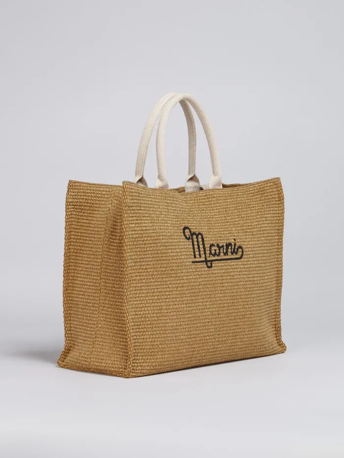 Marni Embroidered Logo Raffia Summer Shopping Bag Raw Sienna Mens Shoulder Bags Marni Embroidered Logo Raffia Summer Shopping Bag Raw Sienna Mens Shoulder Bags