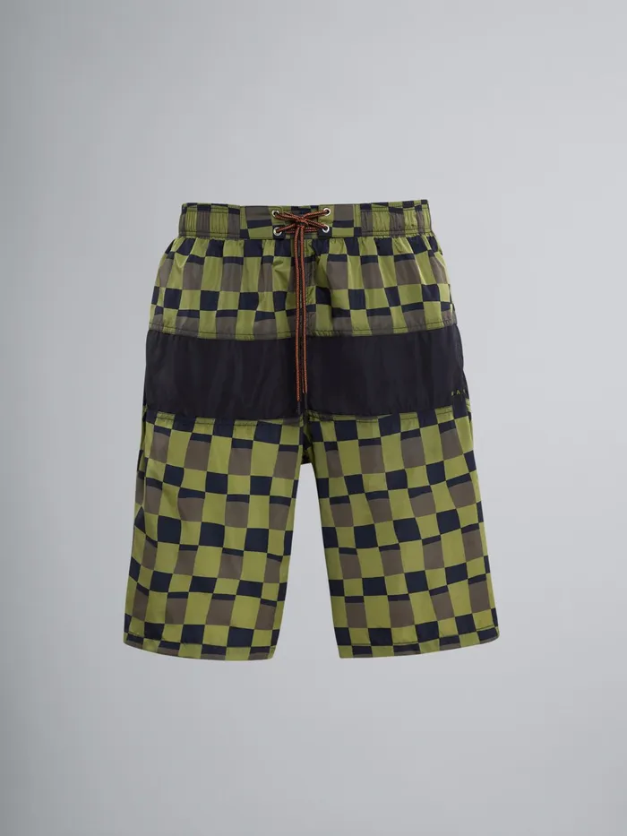 Marni Iconic Damier Print Nylon Swim Trunks Dusty Olive Mens Trousers