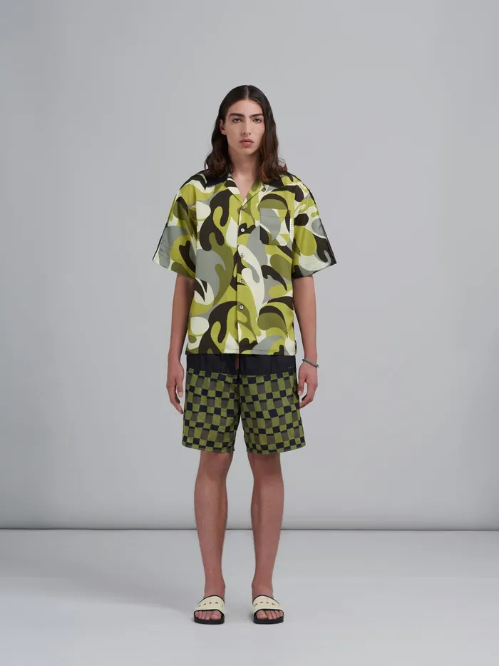 Marni Iconic Damier Print Nylon Swim Trunks Dusty Olive Mens Trousers