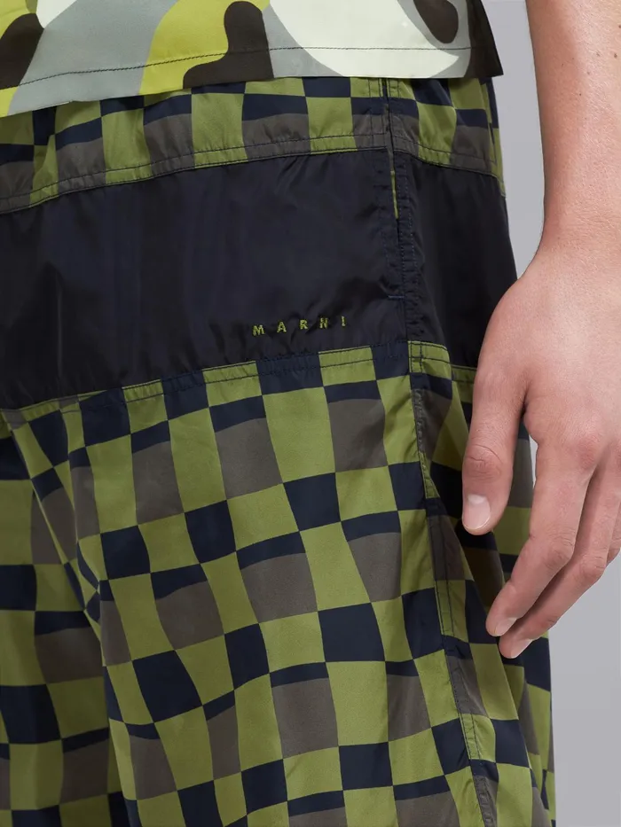 Marni Iconic Damier Print Nylon Swim Trunks Dusty Olive Mens Trousers