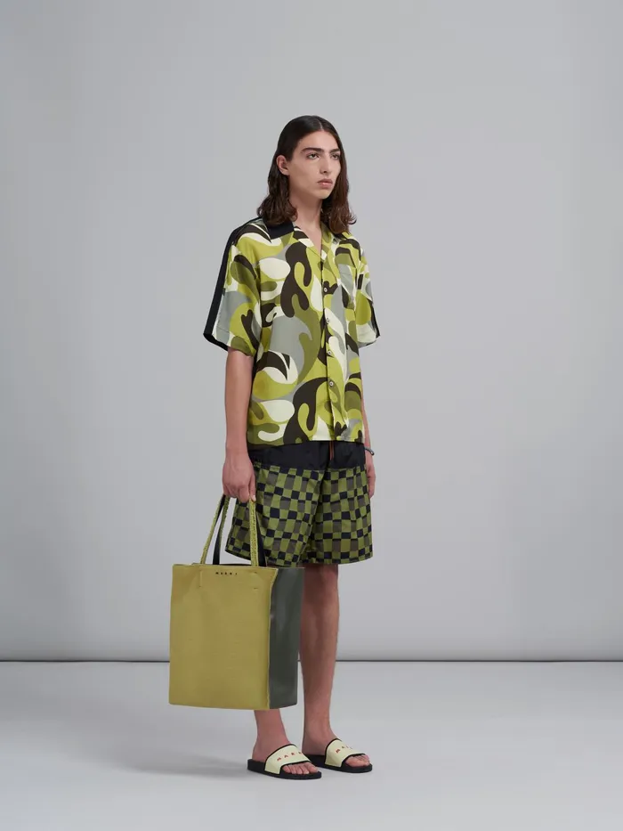 Marni Iconic Damier Print Nylon Swim Trunks Dusty Olive Mens Trousers
