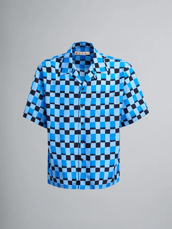 Marni Iconic Damier Print Viscose Jacquard Bowling Shirt Powder Blu Mens Shirts