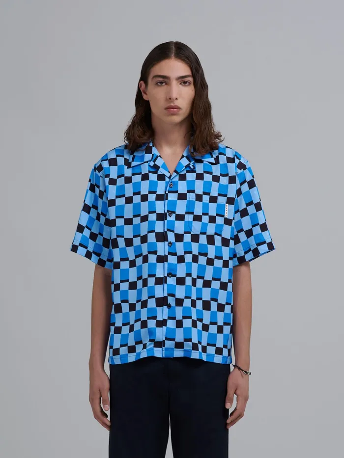 Marni Iconic Damier Print Viscose Jacquard Bowling Shirt Powder Blu Mens Shirts