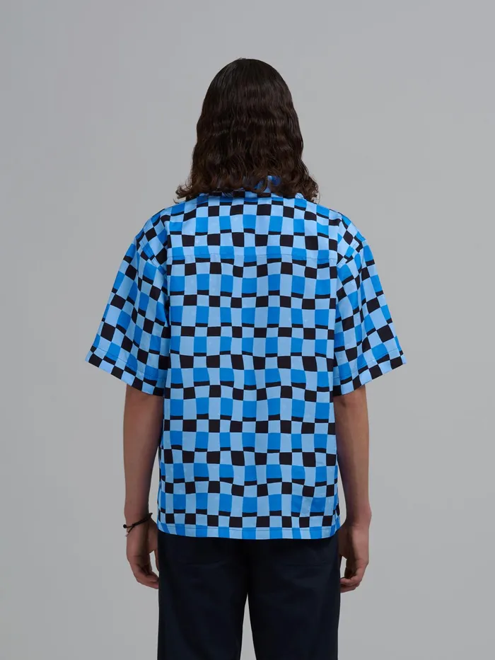 Marni Iconic Damier Print Viscose Jacquard Bowling Shirt Powder Blu Mens Shirts