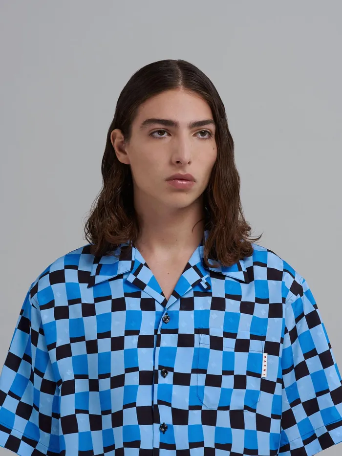 Marni Iconic Damier Print Viscose Jacquard Bowling Shirt Powder Blu Mens Shirts