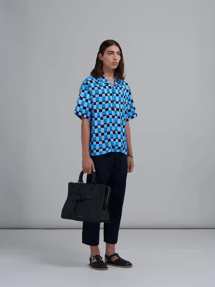Marni Iconic Damier Print Viscose Jacquard Bowling Shirt Powder Blu Mens Shirts