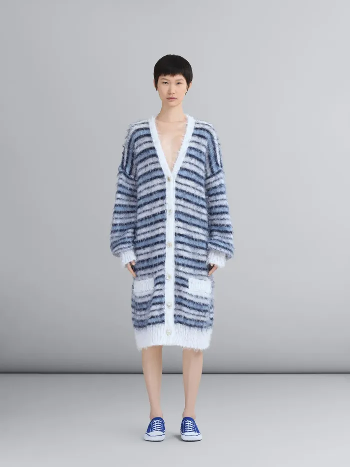 Marni Striped Iconic Mohair Long Cardigan Lily White Womens Knitwear Marni Striped Iconic Mohair Long Cardigan Lily White Womens Knitwear