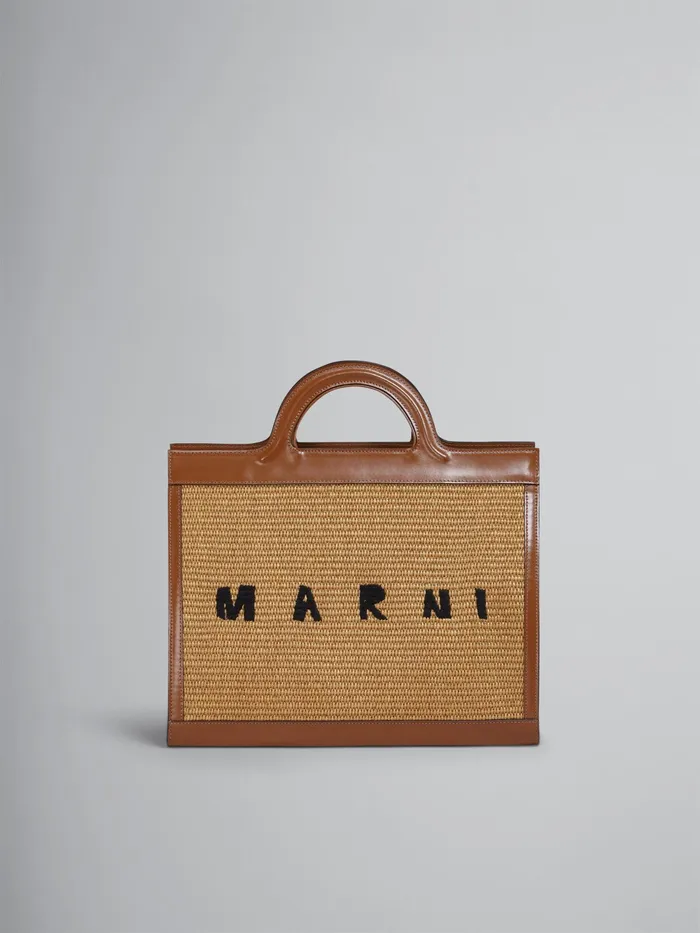 Marni Tropicalia Tote Bag In Brown Leather And Raffia Raw Sienna Womens Handbags