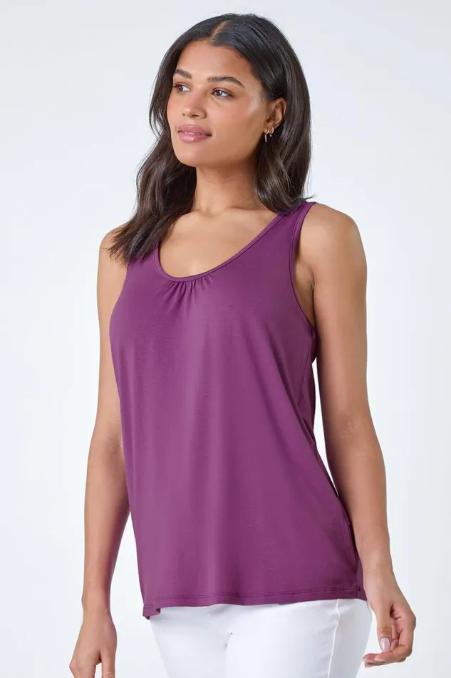Mauve Plain VNeck Stretch Jersey Vest Top Women Roman Tops