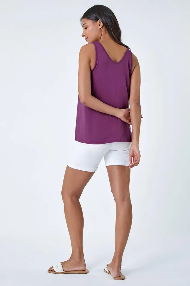 Mauve Plain VNeck Stretch Jersey Vest Top Women Roman Tops