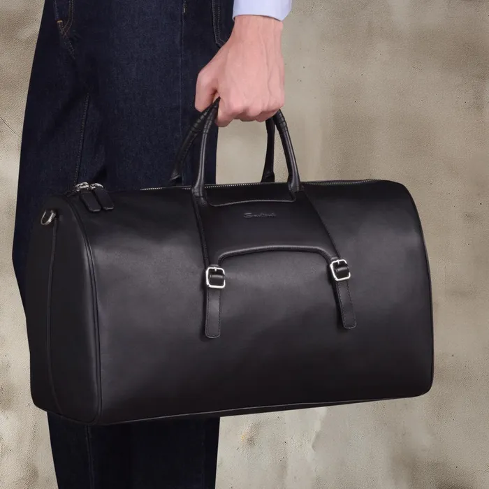 Men Black Leather Weekend Bag Santoni Bags and Backpacks