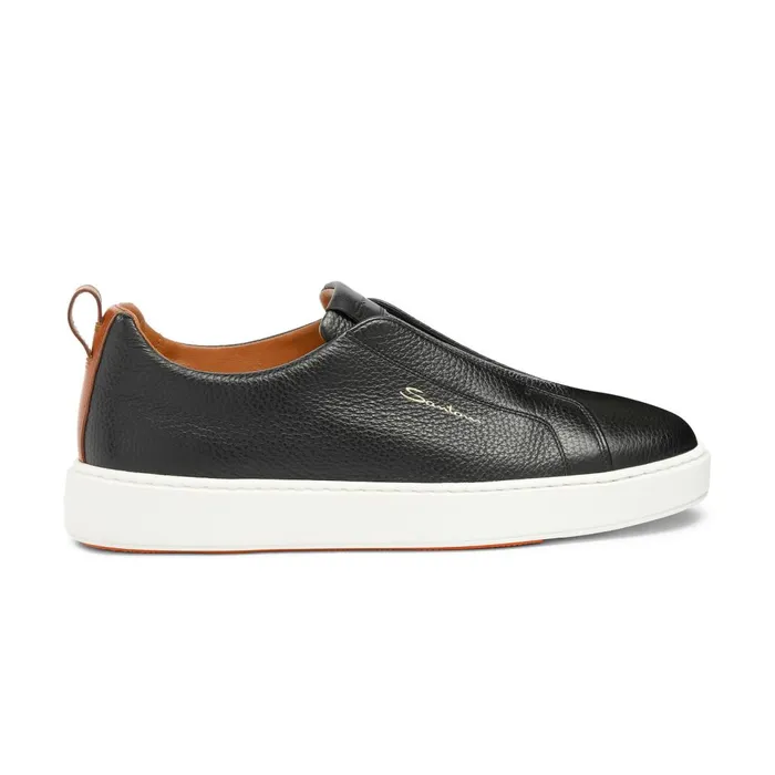 Men Black Tumbled Leather SlipOn Sneaker Santoni Sneakers