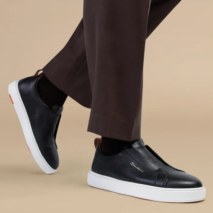 Men Black Tumbled Leather SlipOn Sneaker Santoni Sneakers