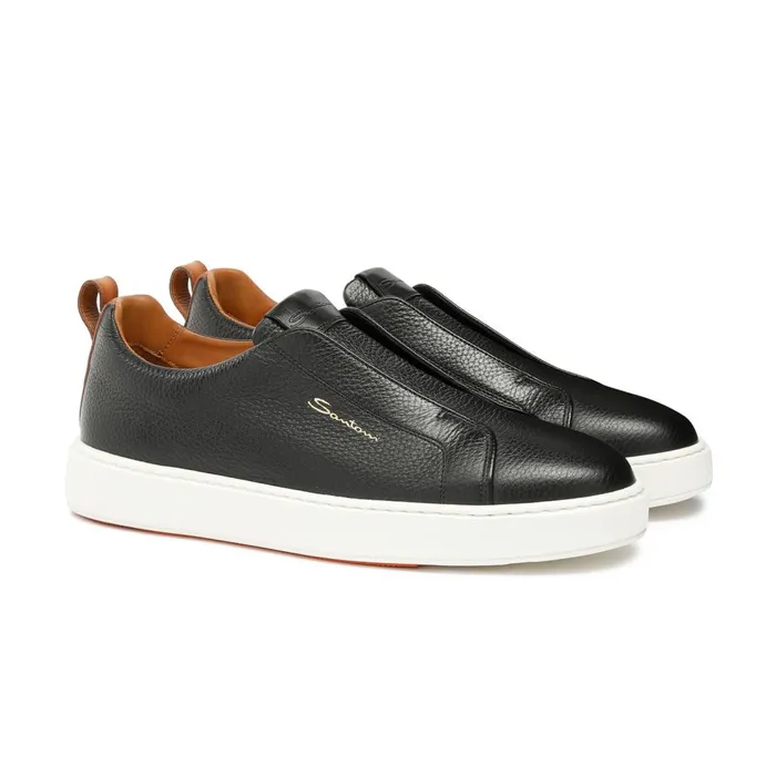 Men Black Tumbled Leather SlipOn Sneaker Santoni Sneakers