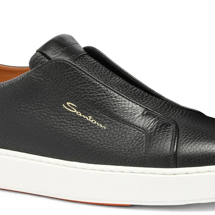 Men Black Tumbled Leather SlipOn Sneaker Santoni Sneakers