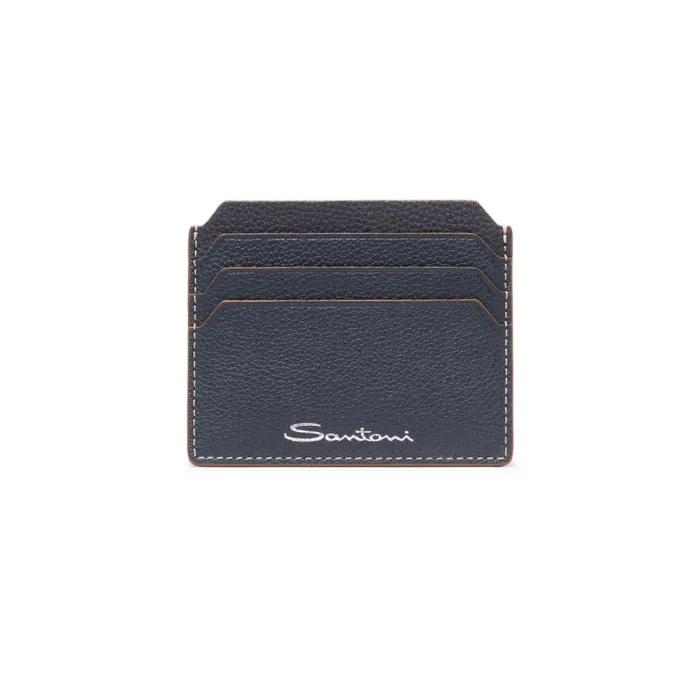 Men Blue Tumbled Leather Credit Card Holder Santoni Small Leather Goods