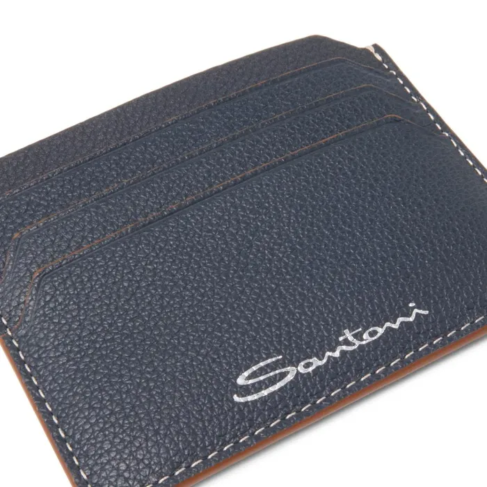 Men Blue Tumbled Leather Credit Card Holder Santoni Small Leather Goods
