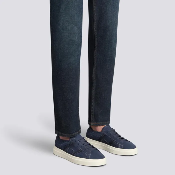 Men Blue Woven Suede Double Buckle Sneaker Santoni Sneakers