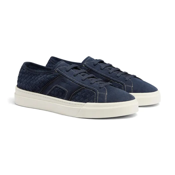 Men Blue Woven Suede Double Buckle Sneaker Santoni Sneakers