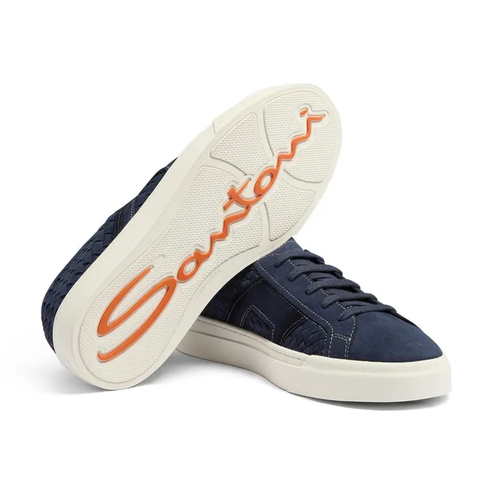 Men Blue Woven Suede Double Buckle Sneaker Santoni Sneakers