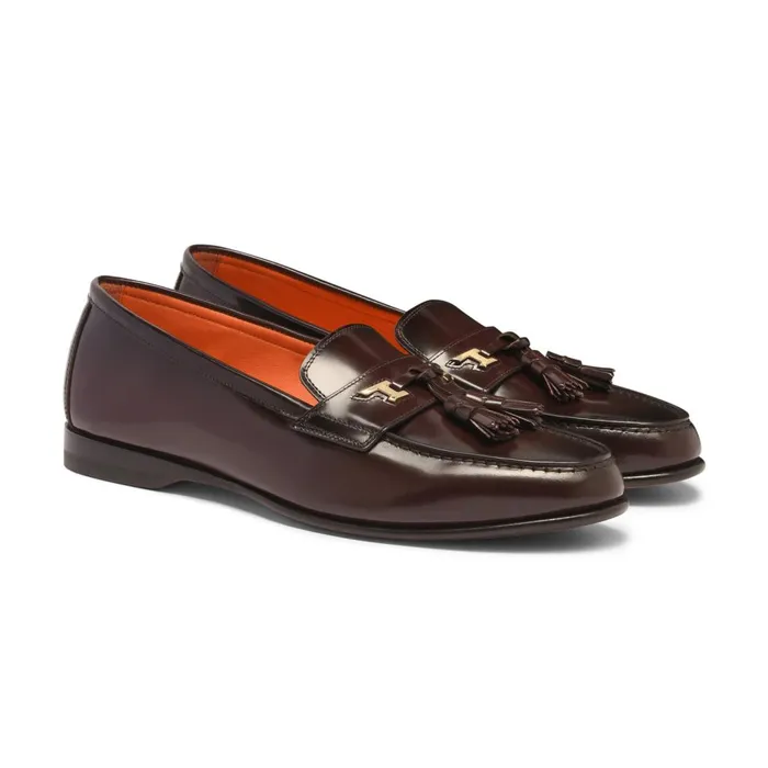 Men Burgundy Leather Andrea Tassel Loafer Santoni Loafers