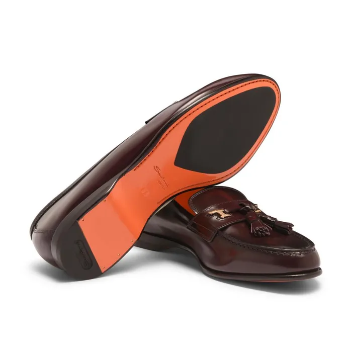 Men Burgundy Leather Andrea Tassel Loafer Santoni Loafers