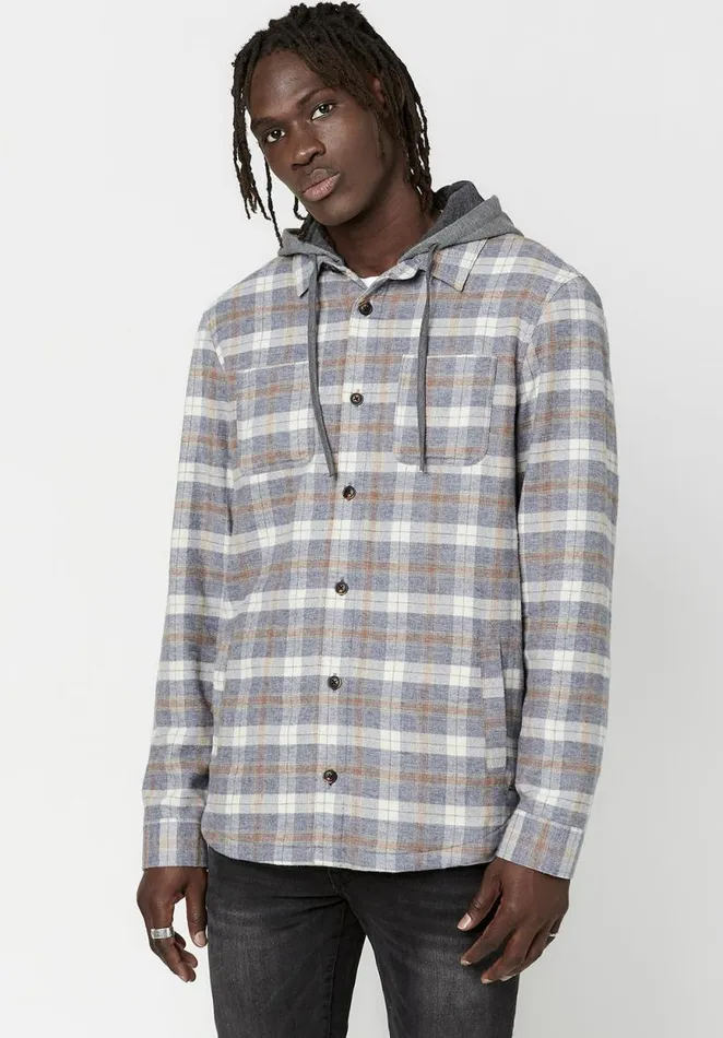 Men Hooded Plaid Sacket Shacket Tan Buffalo David Bitton Jackets