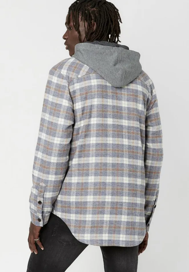Men Hooded Plaid Sacket Shacket Tan Buffalo David Bitton Jackets