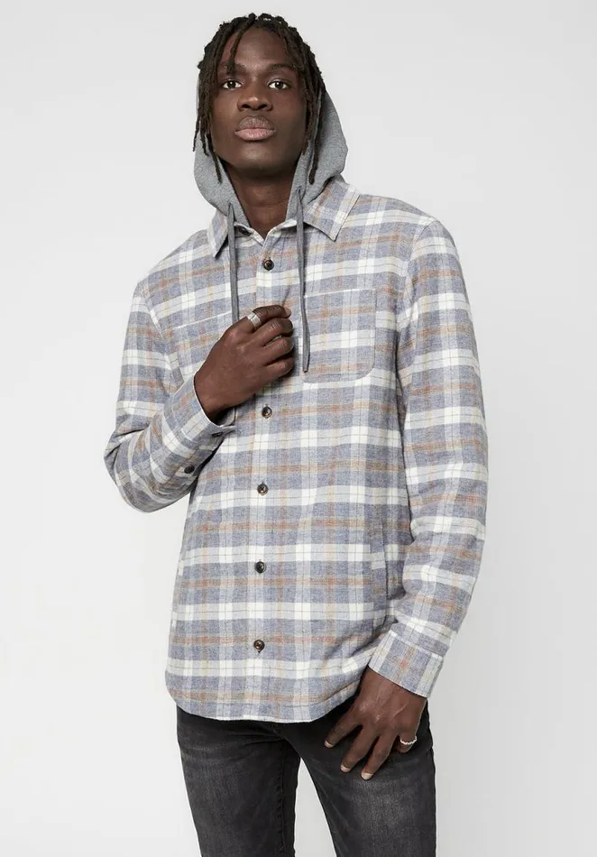 Men Hooded Plaid Sacket Shacket Tan Buffalo David Bitton Jackets