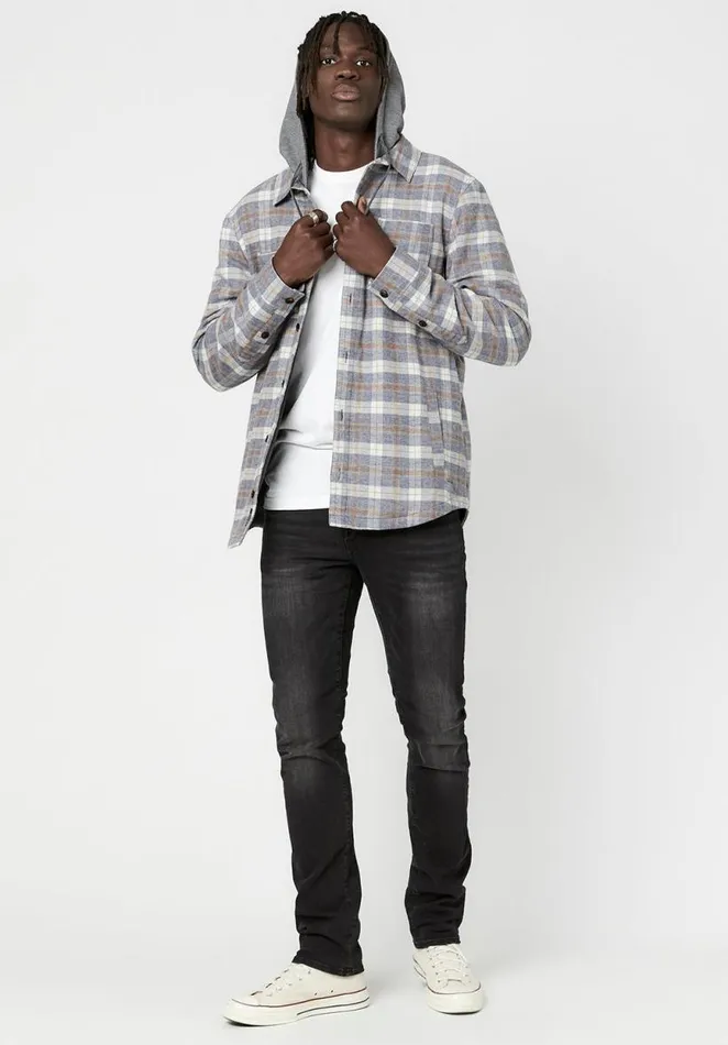 Men Hooded Plaid Sacket Shacket Tan Buffalo David Bitton Jackets