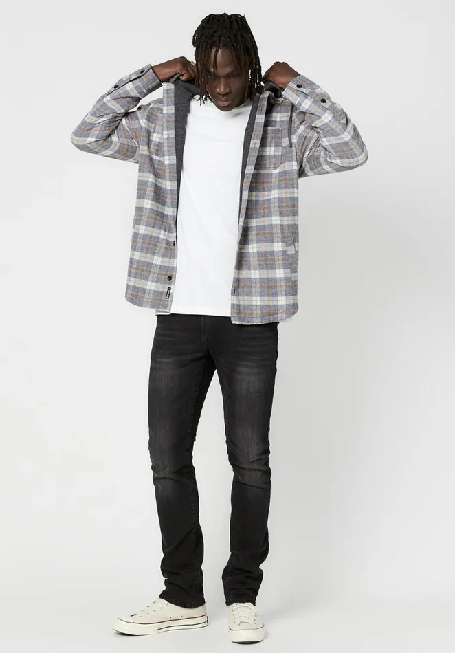 Men Hooded Plaid Sacket Shacket Tan Buffalo David Bitton Jackets
