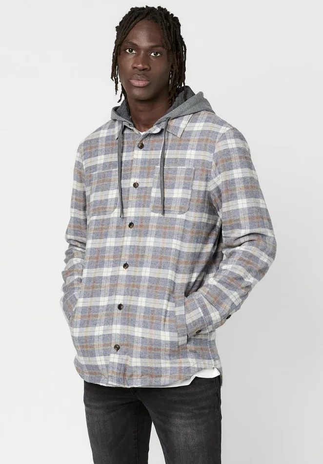 Men Hooded Plaid Sacket Shacket Tan Buffalo David Bitton Jackets