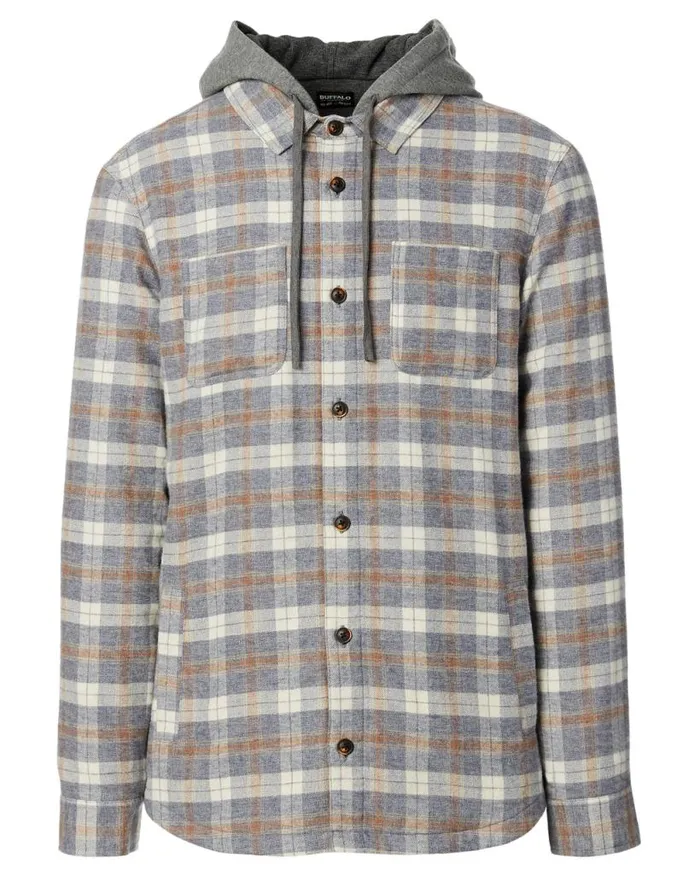 Men Hooded Plaid Sacket Shacket Tan Buffalo David Bitton Jackets