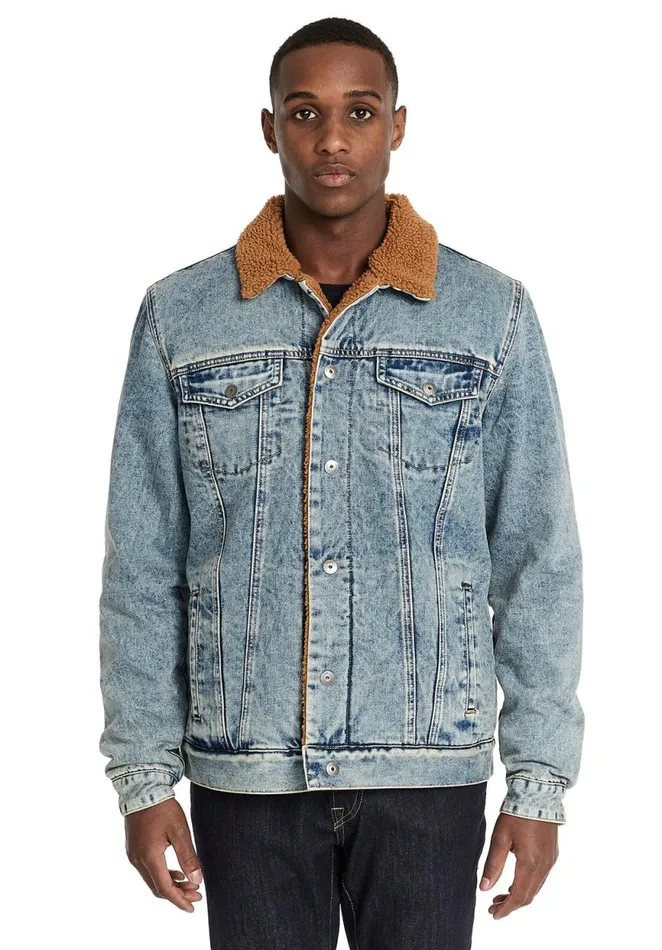Men Jawax Denim Jacket With Sherpa Light Indigo Buffalo David Bitton Jackets