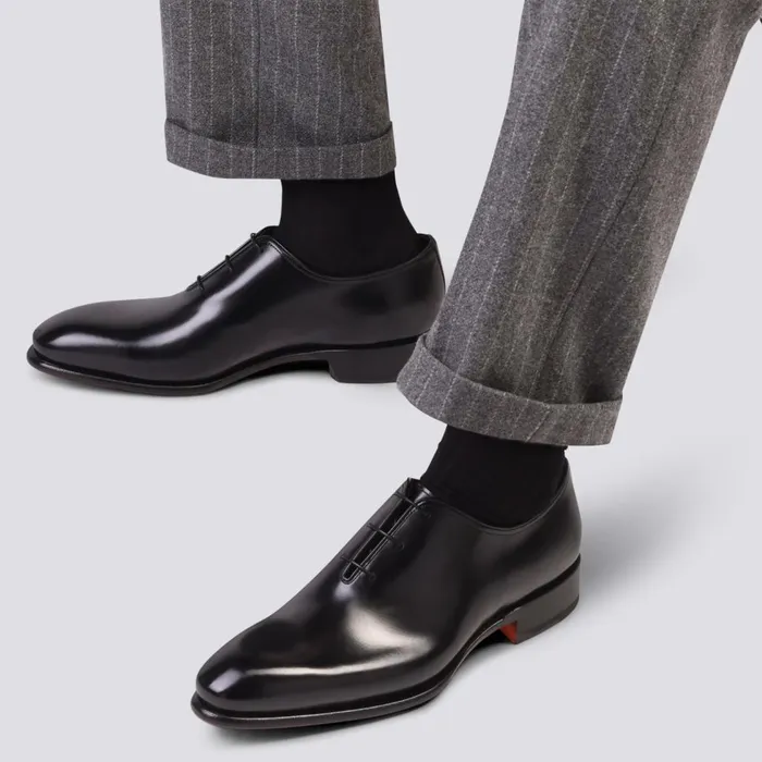 Men Polished Black Leather Oxford Shoe Santoni LaceUps