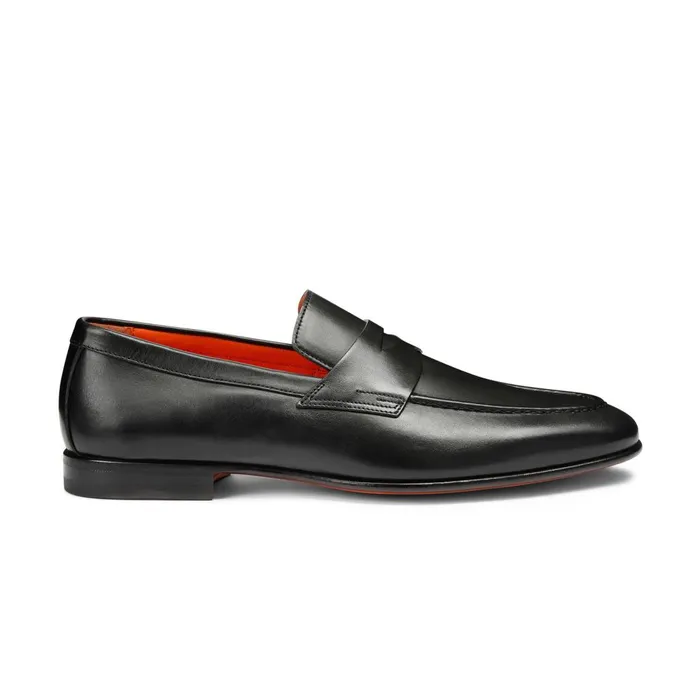 Men Polished Black Leather Penny Loafer Santoni Loafers