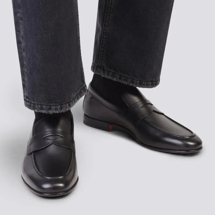 Men Polished Black Leather Penny Loafer Santoni Loafers