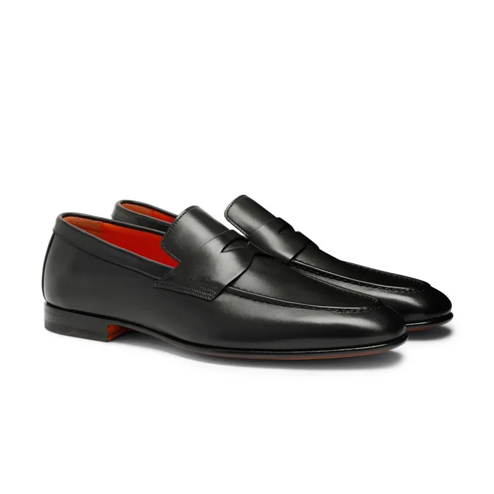 Men Polished Black Leather Penny Loafer Santoni Loafers