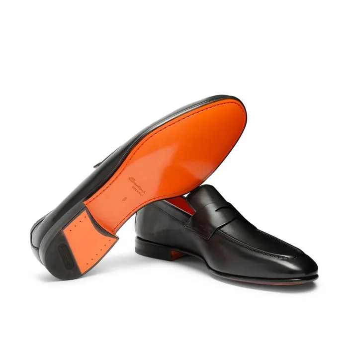 Men Polished Black Leather Penny Loafer Santoni Loafers