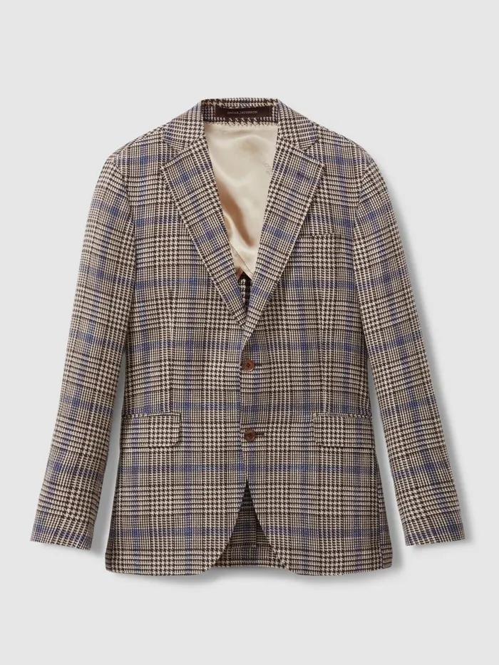 Men Reiss Blazers Jacobson Cotton Linen Single Breasted Check Blazer Beige