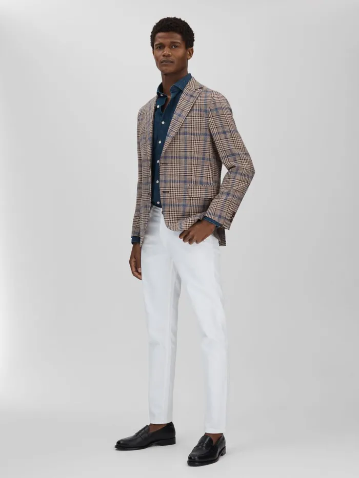 Men Reiss Blazers Jacobson Cotton Linen Single Breasted Check Blazer Beige