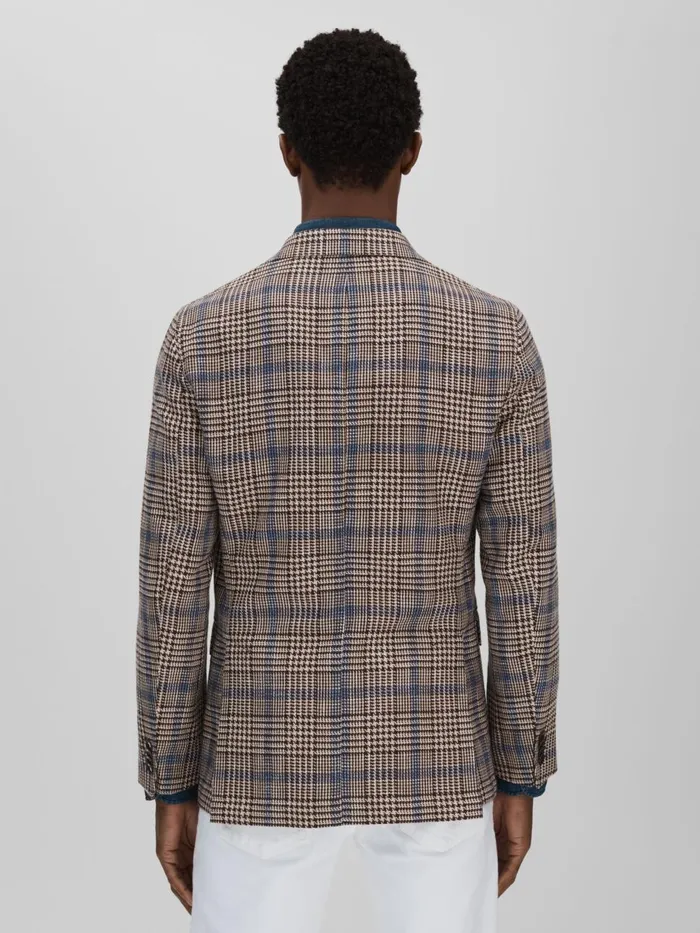 Men Reiss Blazers Jacobson Cotton Linen Single Breasted Check Blazer Beige