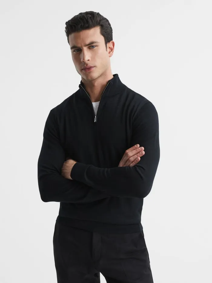 Men Reiss Knitwear Blackhall Merino Wool Half Zip Funnel Neck Jumper Black