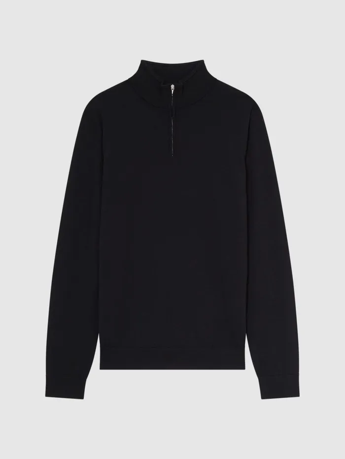 Men Reiss Knitwear Blackhall Merino Wool Half Zip Funnel Neck Jumper Black