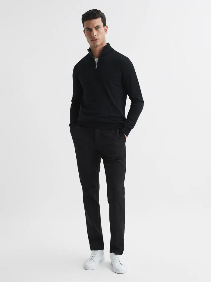Men Reiss Knitwear Blackhall Merino Wool Half Zip Funnel Neck Jumper Black