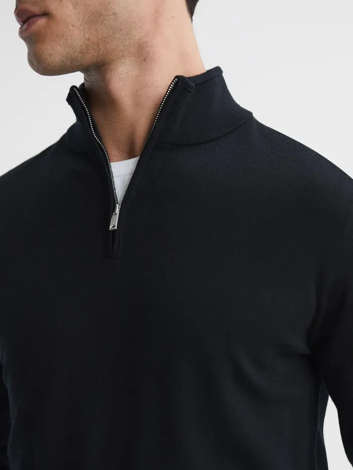 Men Reiss Knitwear Blackhall Merino Wool Half Zip Funnel Neck Jumper Black