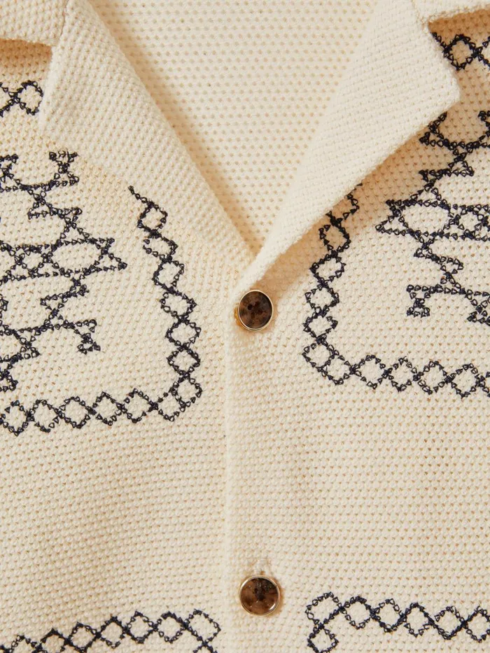 Men Reiss Knitwear Cosmos Textured Embroidered Cuban Collar Shirt Ecrunavy